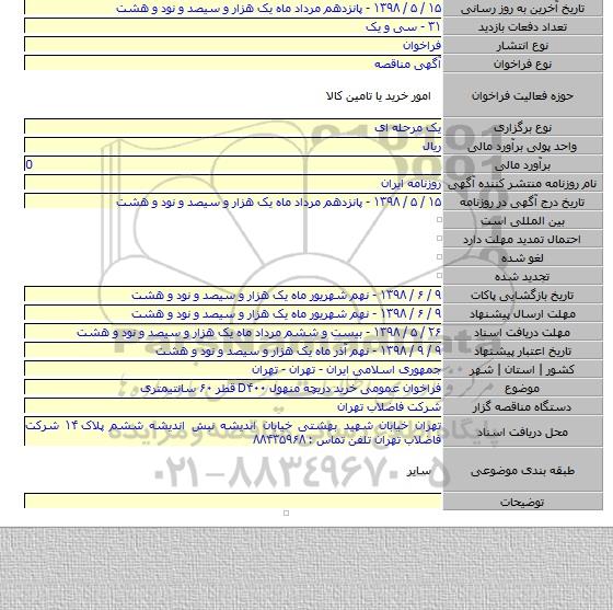 فراخوان عمومی خرید دریچه منهول D۴۰۰ قطر ۶۰ سانتیمتری
