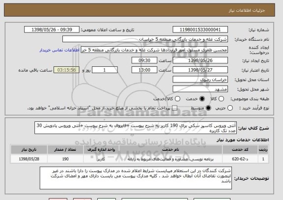 استعلام آنتی ویروس کاسپر سکی برای 190 کاربر به شرح پیوست +فایروال به شرح پیوست +آنتی ویروس پادویش 30 عدد تک کاربره 