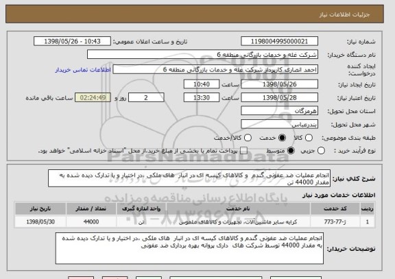 استعلام انجام عملیات ضد عفونی گندم  و کالاهای کیسه ای در انبار  های ملکی ،در اختیار و یا تدارک دیده شده به مقدار 44000 تن 