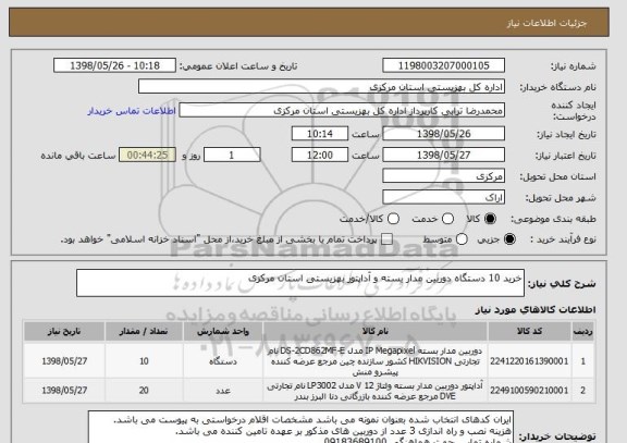 استعلام خرید 10 دستگاه دوربین مدار بسته و آداپتور بهزیستی استان مرکزی 