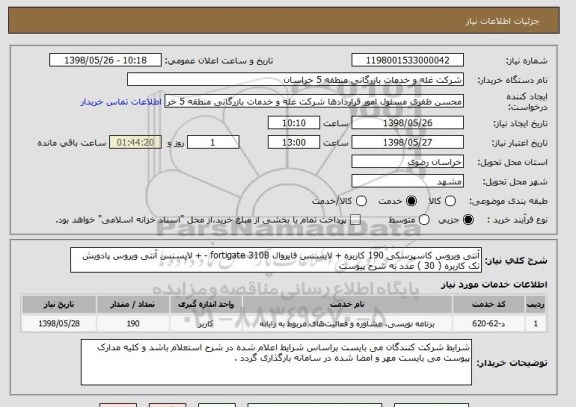 استعلام آنتی ویروس کاسپرسکی 190 کاربره + لایسنس فایروال fortigate 310B - + لایسنس آنتی ویروس پادویش تک کاربره ( 30 ) عدد به شرح پیوست 