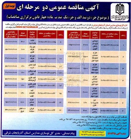 مناقصه، مناقصه خرید صندلی بازو دار دانش آموزی و...