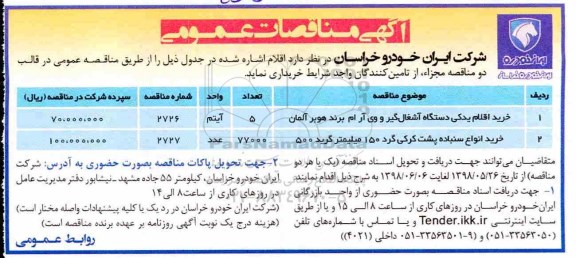 مناقصه عمومی, مناقصه خرید اقلام یدکی دستگاه آشغال گیر 