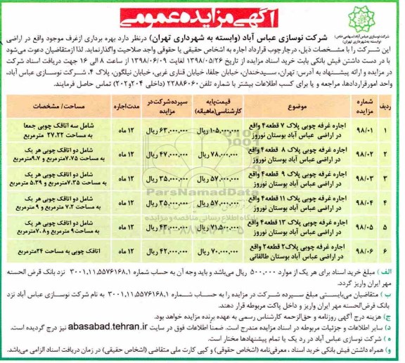 آگهی مزایده عمومی, مزایده بهره برداری از غرف