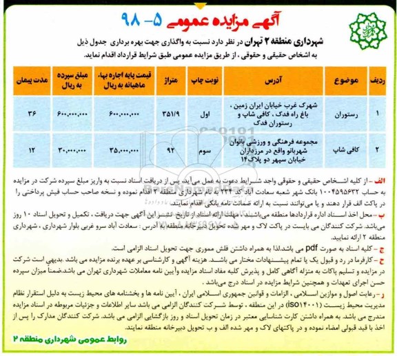 مزایده , مزایده واگذاری جهت بهره برداری ...