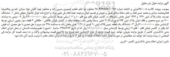 مزایده، مزایده فروش ششدانگ دودربند مغازه پلاک ثبتی 1291 و 1292 اصلی و...