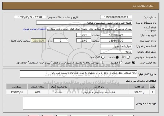 استعلام ارائه خدمات حمل ونقل در داخل و برون شهری با خودروهای پژو و سمند مدل بالا