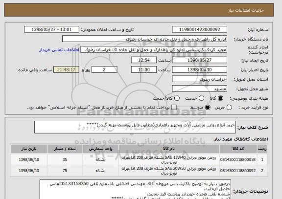 استعلام خرید انواع روغن ماشین آلات وتجهیز راهداری(مطابق فایل پیوست تهیه گردد)****