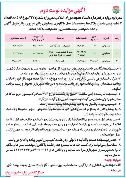 مزایده ،مزایده واگذاری 3 قطعه زمین با کاربری مسکونی نوبت دوم