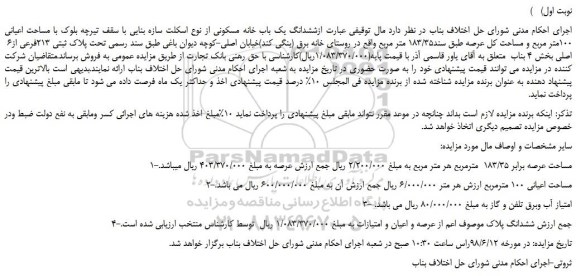 مزایده، مزایده فروش ششدانگ یک باب خانه مسکونی  
