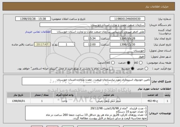 استعلام تامین خودروی استیجاری مورد نیازسازمان صنعت ، معدن وتجارت استان خوزستان