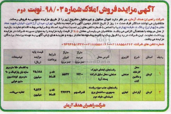 آگهی مزایده ،مزایده فروش املاک کاربری تجاری نوبت دوم 