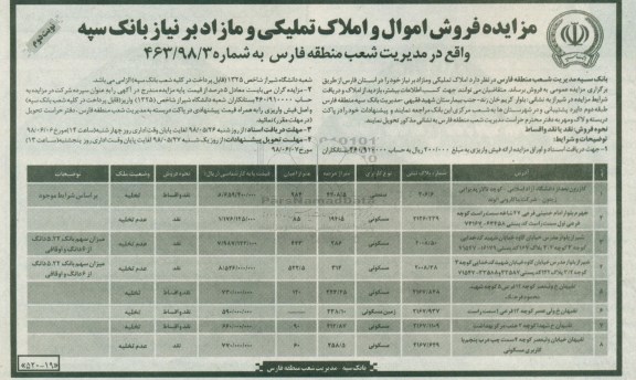 آگهی مزایده ،مزایده فروش اموال و املاک تملیکی و مازاد نوبت دوم