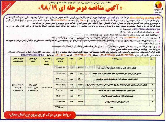 آگهی مناقصه , مناقصه کانکتور ارتباط کابل خودنگهدار دو پیچه نوع سوم تیپ یک نوبت دوم 