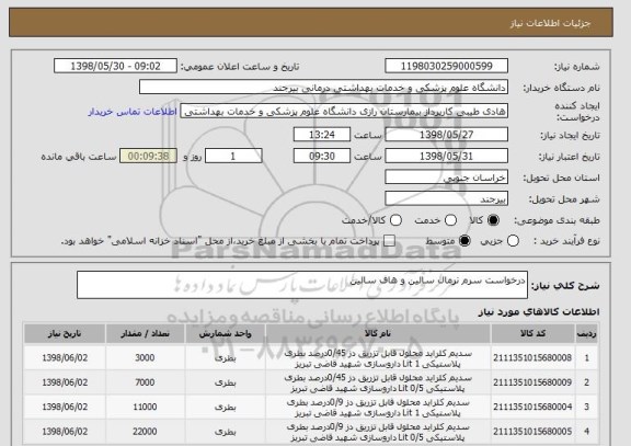 استعلام درخواست سرم نرمال سالین و هاف سالین