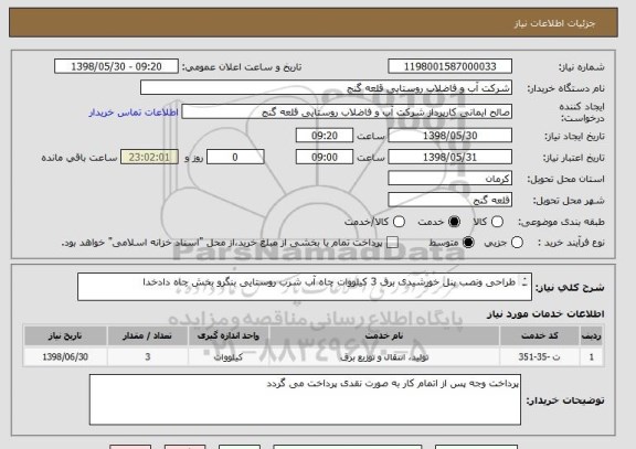 استعلام طراحی ونصب پنل خورشیدی برق 3 کیلووات چاه آب شرب روستایی بنگرو بخش چاه دادخدا

خرید ونصب پمپ و تابلو و کابل