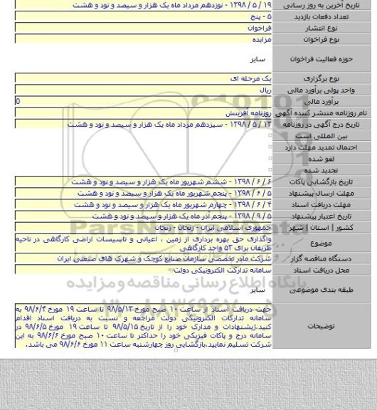 واگذاری حق بهره برداری از زمین ، اعیانی و تاسیسات اراضی کارگاهی در ناحیه ظریفان برای ۵۳ واحد کارگاهی