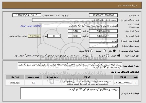 استعلام سبزی قرمه سبزی 200کیلو گرم ---سبزی کرفس 60کیلو گرم --ساقه کرفس 100کیلو گرم --لوبیا سبز 150کیلو گرم --سبزی پلو 30کیلو گرم --