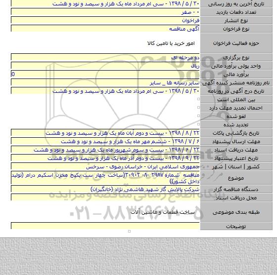 مناقصه شماره ۲۹۸۷ -۸- ۳۰۹۰۲(ساخت چهار ست پکیج مخزن اسکیم درام (تولید داخل کشور))