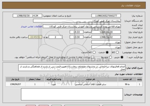 استعلام انجام فعالیتهای ساختمانی در بخشهای محختلف بیمارستان.تعیین قیمت پس از بازدید از هماهنگی و بازدید از محل