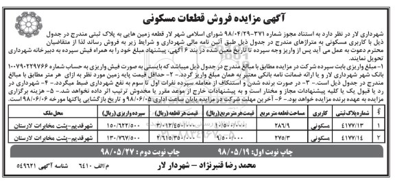 مزایده ، مزایده فروش قطعات مسکونی مساحت 286.9 و 275.3 مترمربع 