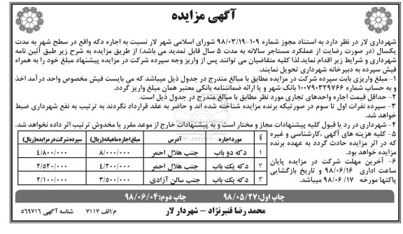 آگهی مزایده, مزایده اجاره دکه