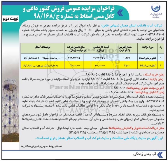 فراخوان مزایده عمومی , مزایده فروش کنتور داغی و کابل مسی اسقاط .. نوبت دوم