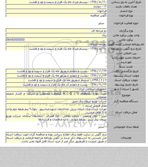 خرید انواع تابلوهای N ، Q ، ۲۰ کیلوولت معمولی و کمپکت و فشار ضعیف معمولی
