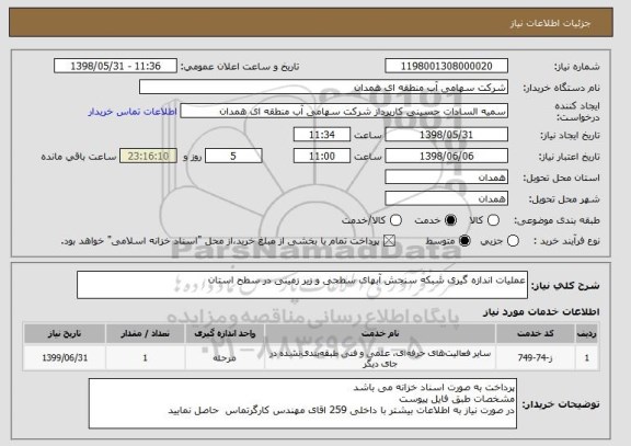 استعلام عملیات اندازه گیری شبکه سنجش آبهای سطحی و زیر زمینی در سطح استان