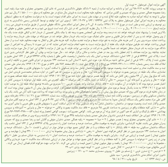 مزایده ، مزایده یک باب ساختمان به پلاک 76497 فرعی از 163 اصلی