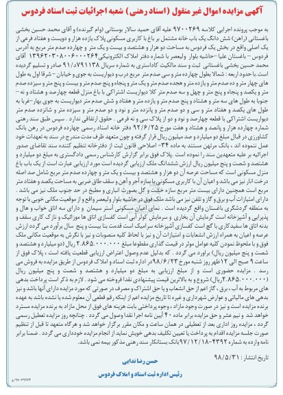 مزایده ،مزایده ششدانگ یکباب خانه کاربری مسکونی