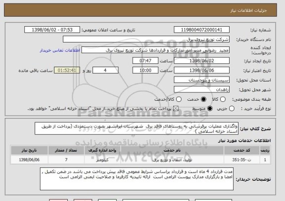 استعلام واگذاری عملیات برقرسانی به روستاهای فاقد برق  شهرستان ایرانشهر بصورت دستمزدی (پرداخت از طریق اسناد خزانه اسلامی )