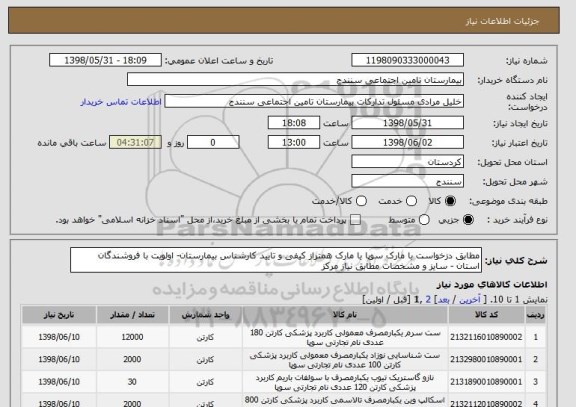 استعلام مطابق دزخواست با مارک سوپا یا مارک همتراز کیفی و تایید کارشناس بیمارستان- اولویت با فروشندگان استان - سایز و مشخصات مطابق نیاز مرکز