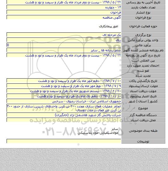 انجام عملیات فعال سازی مجدد ۲۰۰ تن کربن واحدهای شیرین سازی از حدود ۴۰۰ تن کربن غیر فعال در مدت دوسال