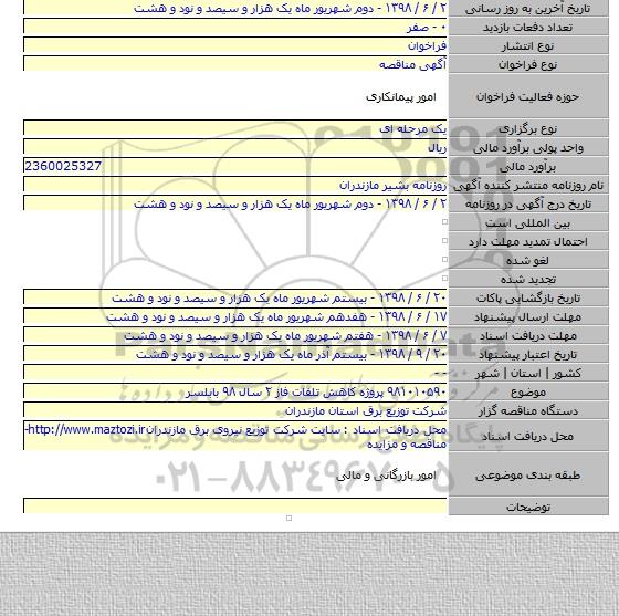 ۹۸۱۰۱۰۵۹۰ پروژه کاهش تلفات فاز ۲ سال ۹۸ بابلسر