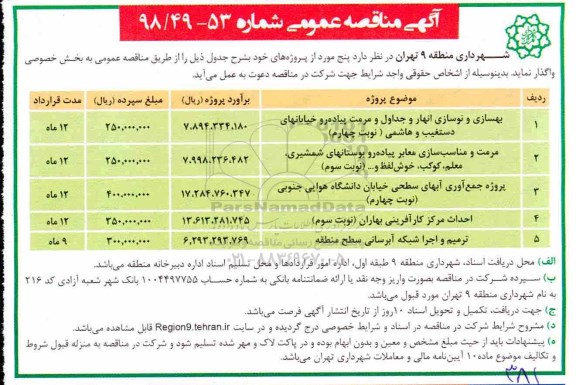 آگهی مناقصه عمومی , مناقصه بهسازی و نوسازی انهار و جداول و مرمت پیاده رو و ...