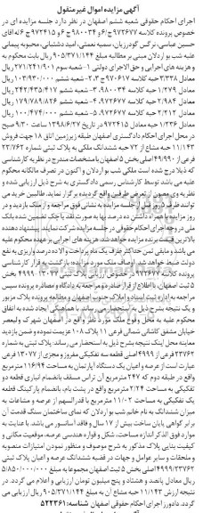 آگهی مزایده ،مزایده فروش 11.143 حبه مشاع از 72 حبه ملکی