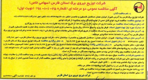 مناقصه , مناقصه خرید انواع کابل مسی