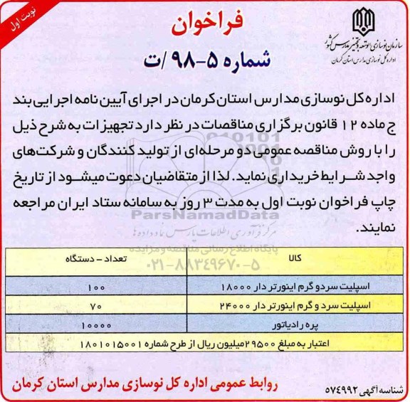 مناقصه اسپلیت سرد و گرم اینورتردار 