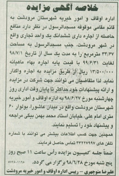 خلاصه آگهی مزایده, مزایده واگذاری به اجاره یک واحد تجاری
