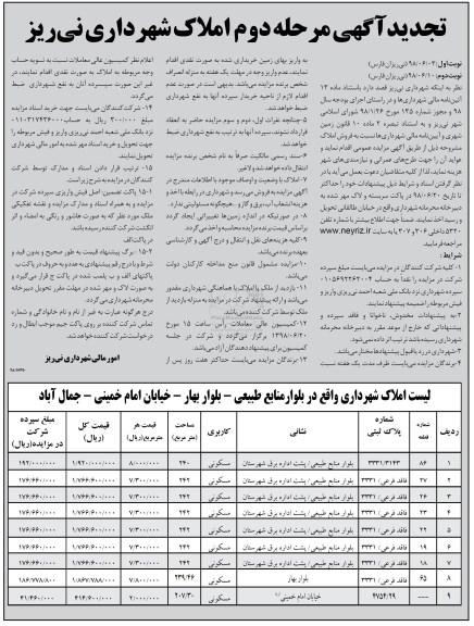 آگهی مزایده ،مزایده فروش املاک کاربری مسکونی مرحله دوم نوبت اول