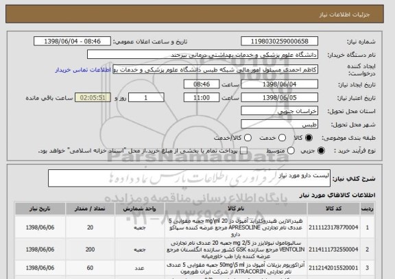 استعلام لیست دارو مورد نیاز