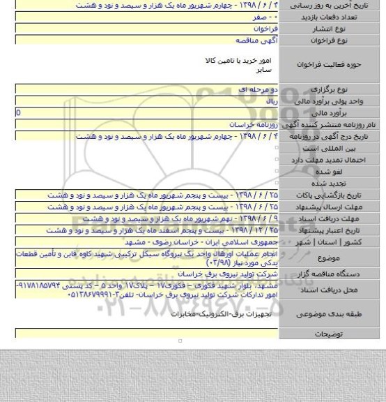 انجام عملیات اورهال واحد یک نیروگاه سیکل ترکیبی شهید کاوه قاین و تأمین قطعات یدکی مورد نیاز (۰۳/۹۸)