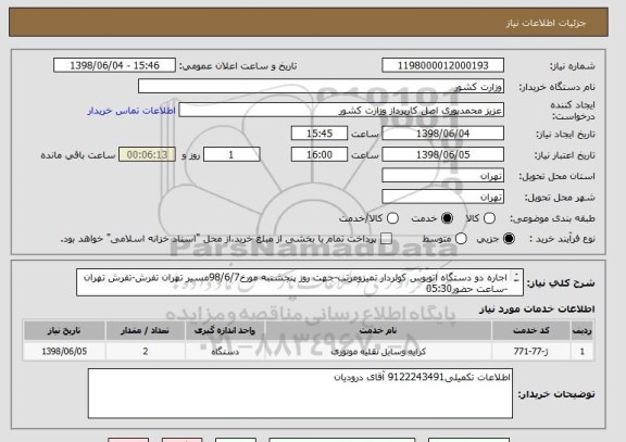 استعلام اجاره دو دستگاه اتوبوس کولردار تمیزومرتب-جهت روز پنجشنبه مورخ98/6/7مسیر تهران تفرش-تفرش تهران -ساعت حضور05:30

