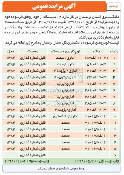 مزایده ، مزایده 15 دستگاه از خودروهای فرسوده - نوبت دوم