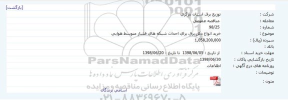 مناقصه, مناقصه  خرید انواع دکل برق برای احداث شبکه های فشار متوسط هوایی