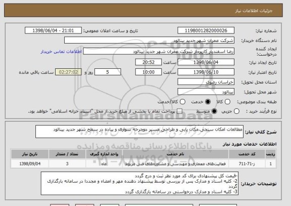 استعلام مطالعات امکان سنجی،مکان یابی و طراحی مسیر دوچرخه سواری و پیاده در سطح شهر جدید بینالود