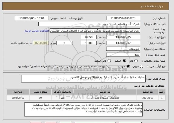 استعلام عملیات حفاری چاه آب شرب اغاجاری به قطر20اینچ وعمق 90متر