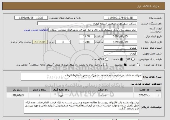 استعلام اجرای اصلاحات در تصفیه خانه فاضلاب شهرک صنعتی شماره2 کرمان