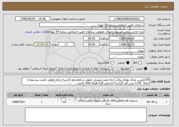 استعلام 1100پرس غذای نهاری برای 1 ماه جهت پرسنل، تحویل در محل بجز 5شنبه و ایام تعطیل .قیمت پیشنهادی جمعاً  1100 پرس قید گردد.با احتساب کلیه هزینه های جانبی .